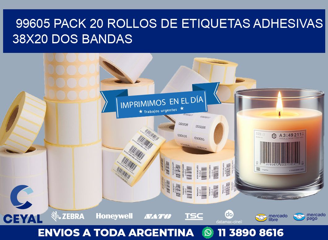 99605 PACK 20 ROLLOS DE ETIQUETAS ADHESIVAS 38X20 DOS BANDAS