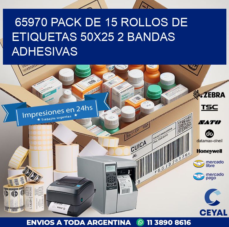 65970 PACK DE 15 ROLLOS DE ETIQUETAS 50X25 2 BANDAS ADHESIVAS