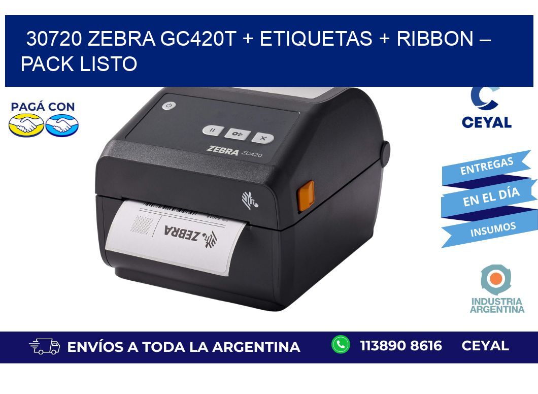 30720 Zebra GC420T + Etiquetas + Ribbon – Pack Listo