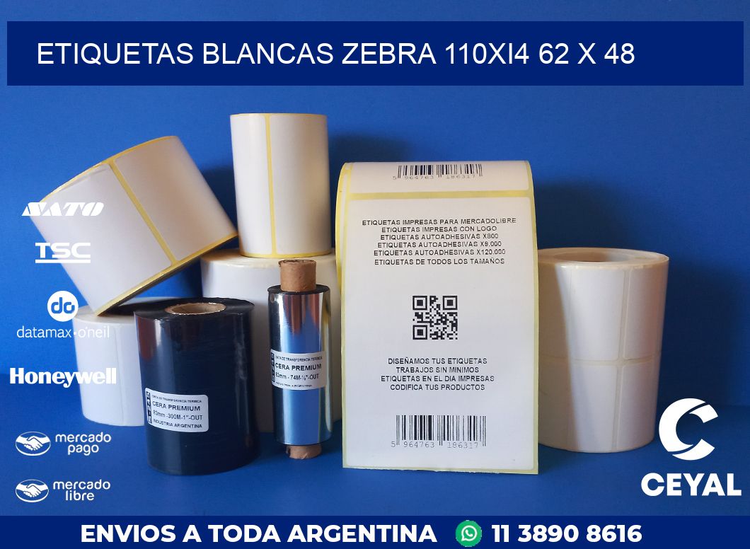 ETIQUETAS BLANCAS ZEBRA 110Xi4 62 x 48