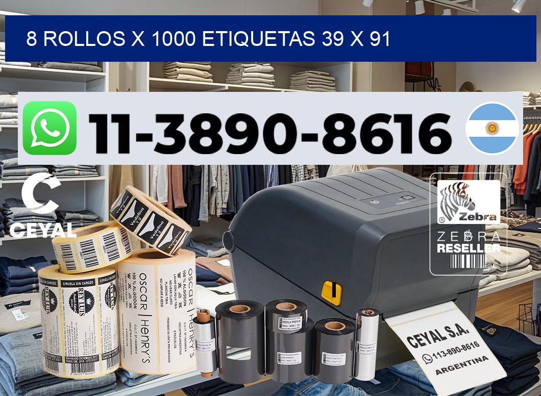8 rollos x 1000 etiquetas 39 x 91