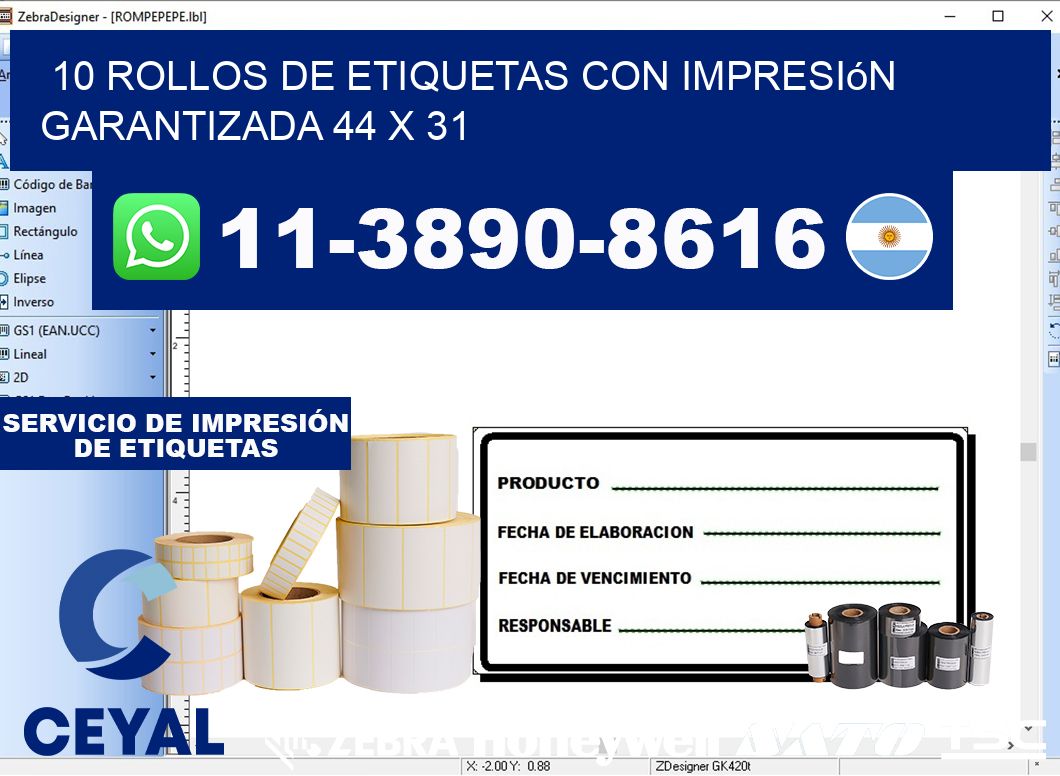 10 rollos de etiquetas con impresión garantizada 44 x 31