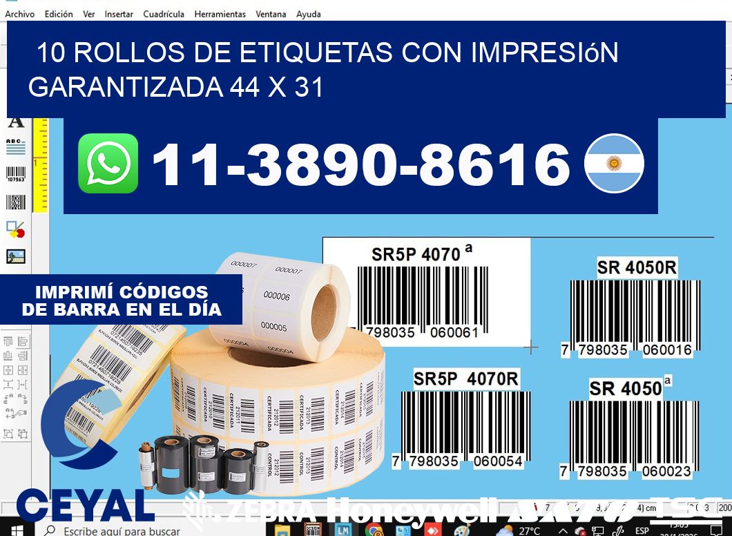 10 rollos de etiquetas con impresión garantizada 44 x 31