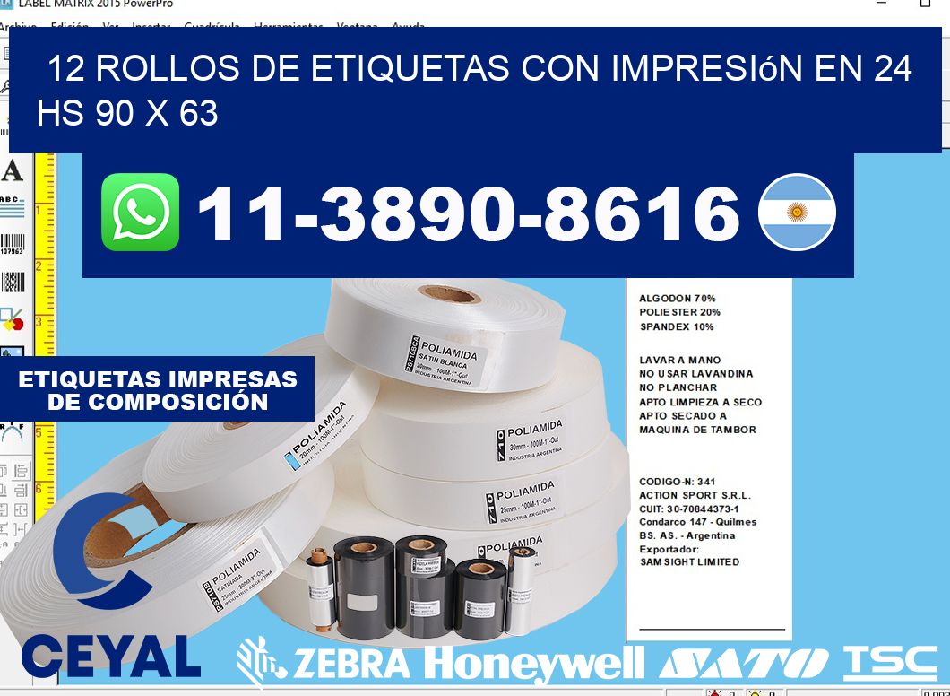 12 rollos de etiquetas con impresión en 24 hs 90 x 63