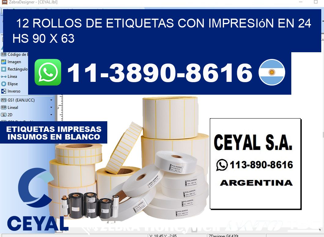 12 rollos de etiquetas con impresión en 24 hs 90 x 63