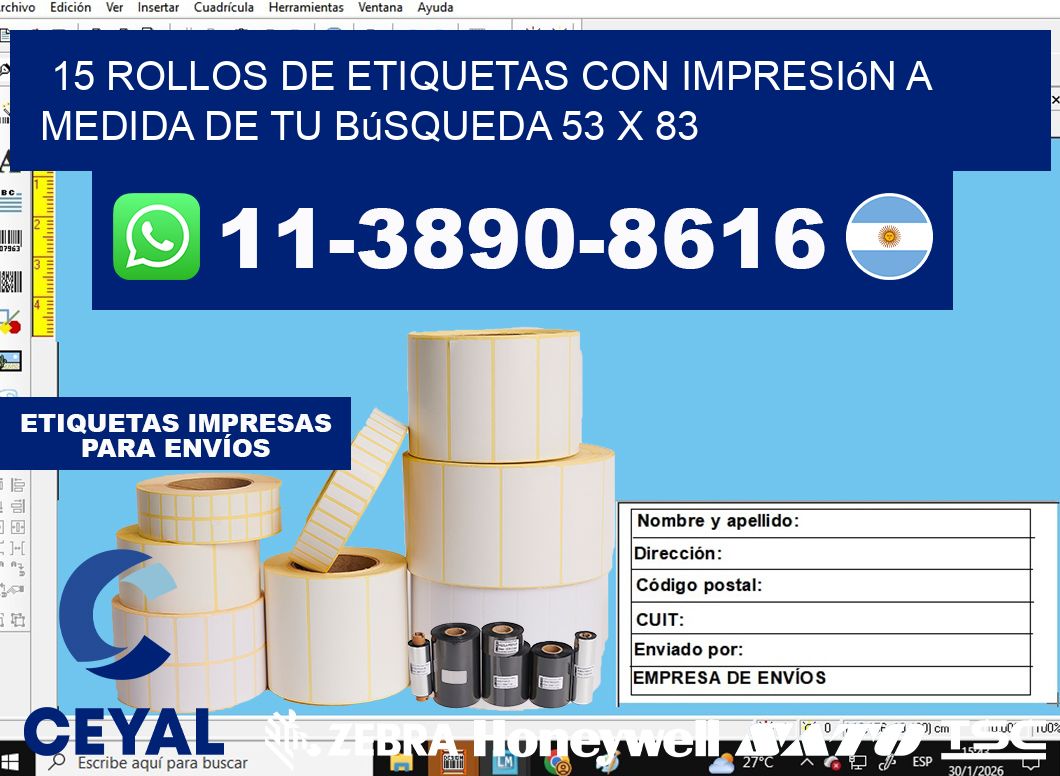 15 rollos de etiquetas con impresión a medida de tu búsqueda 53 x 83