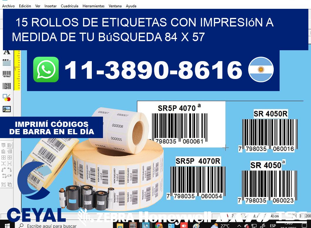 15 rollos de etiquetas con impresión a medida de tu búsqueda 84 x 57