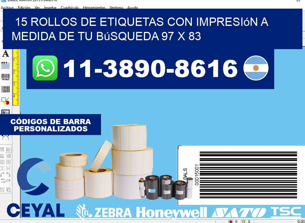 15 rollos de etiquetas con impresión a medida de tu búsqueda 97 x 83