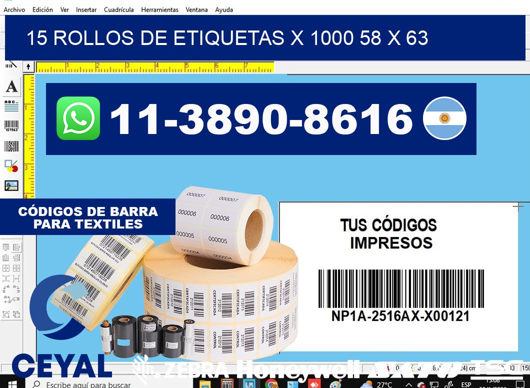 15 rollos de etiquetas x 1000 58 x 63