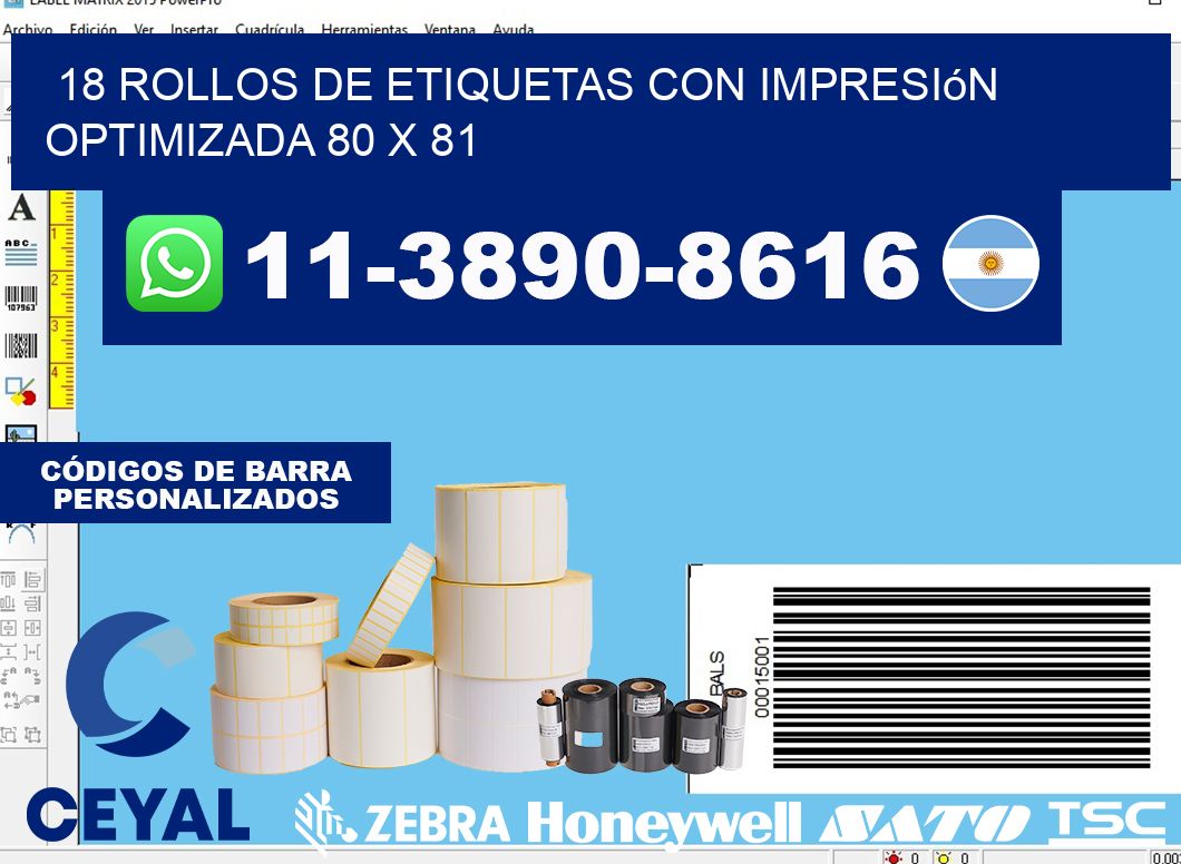 18 rollos de etiquetas con impresión optimizada 80 x 81