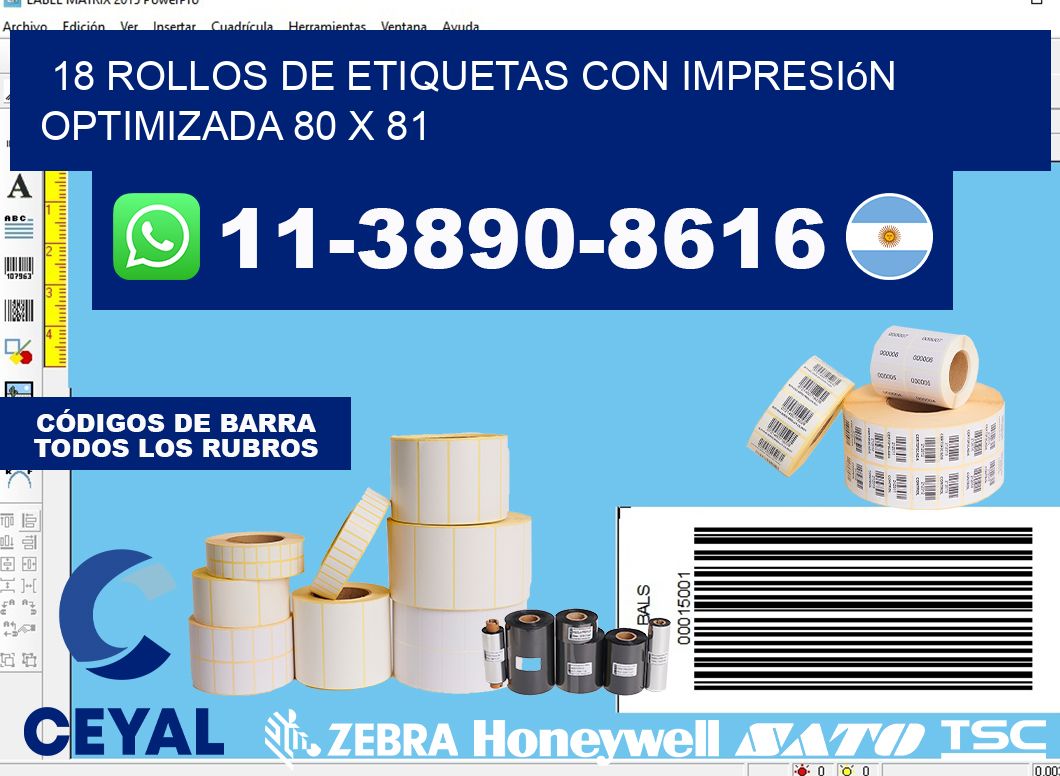 18 rollos de etiquetas con impresión optimizada 80 x 81