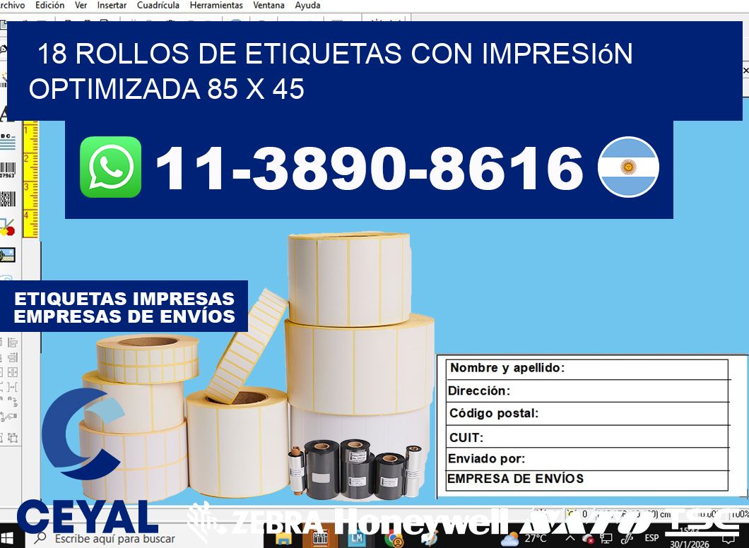 18 rollos de etiquetas con impresión optimizada 85 x 45