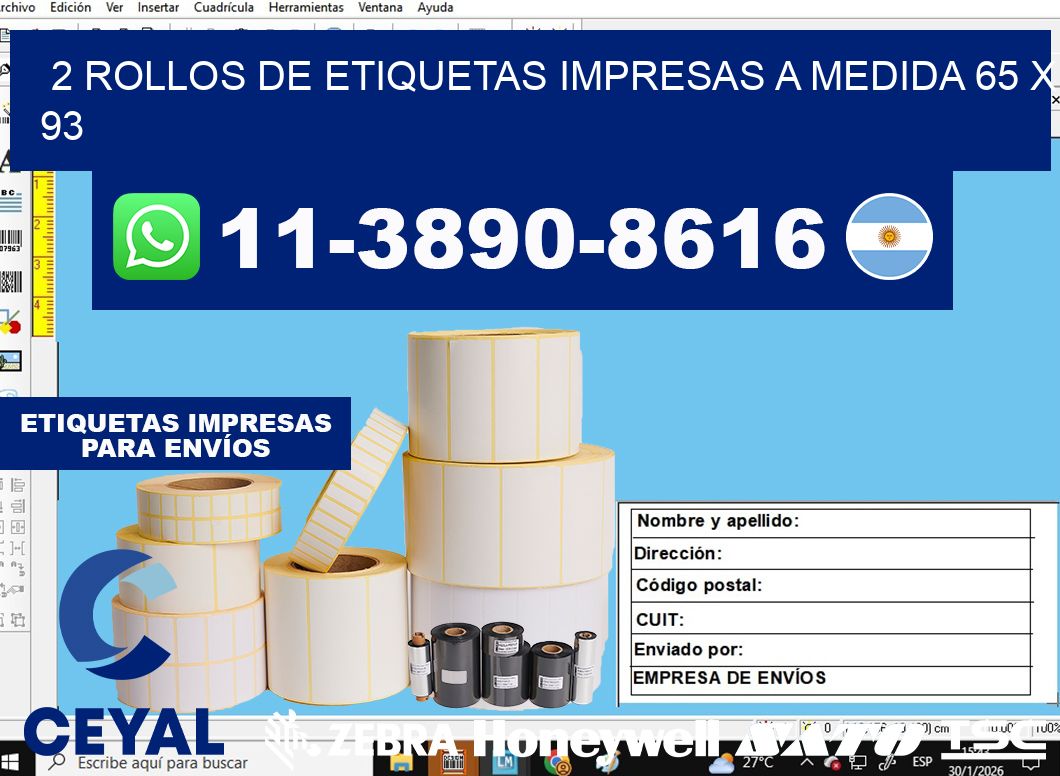 2 rollos de etiquetas impresas a medida 65 x 93