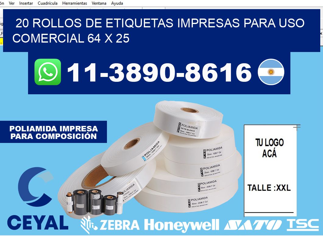 20 rollos de etiquetas impresas para uso comercial 64 x 25