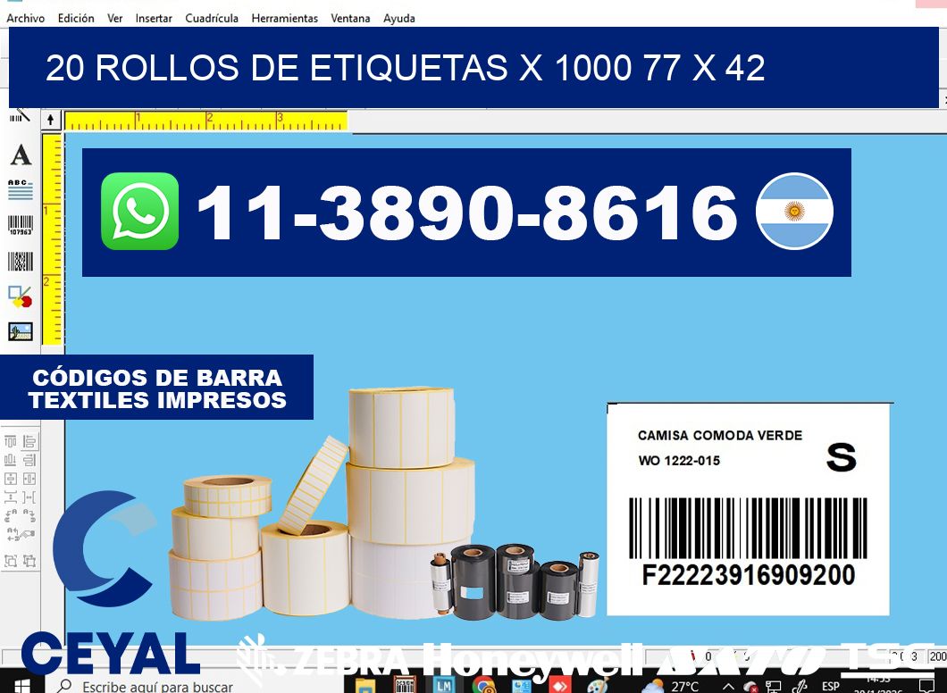 20 rollos de etiquetas x 1000 77 x 42