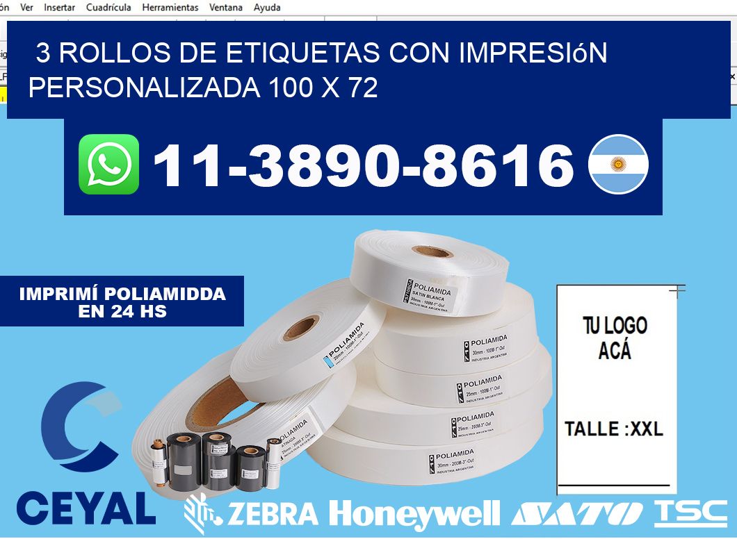 3 rollos de etiquetas con impresión personalizada 100 x 72