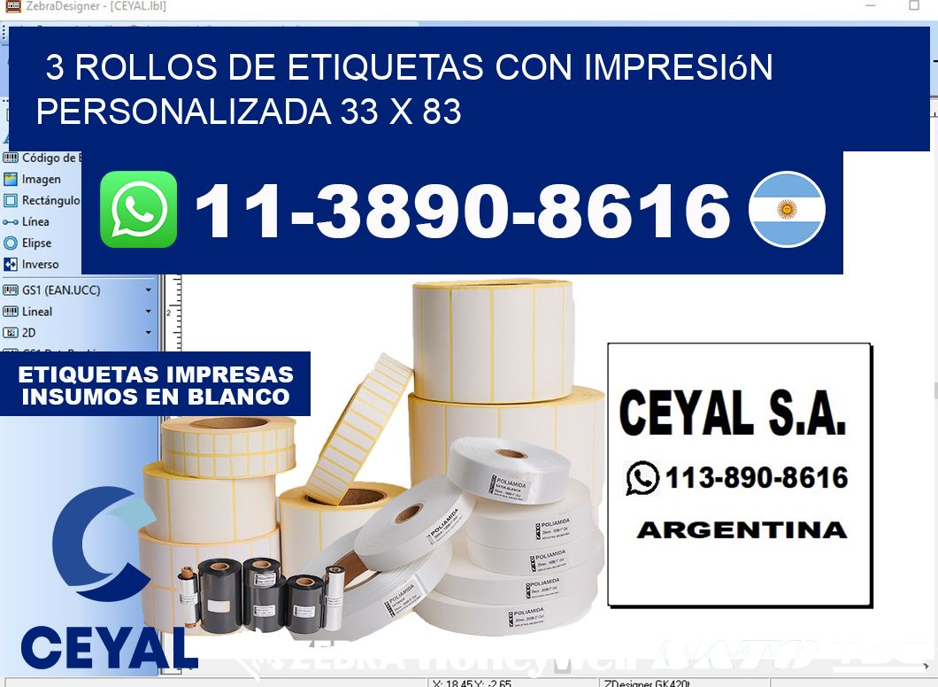 3 rollos de etiquetas con impresión personalizada 33 x 83