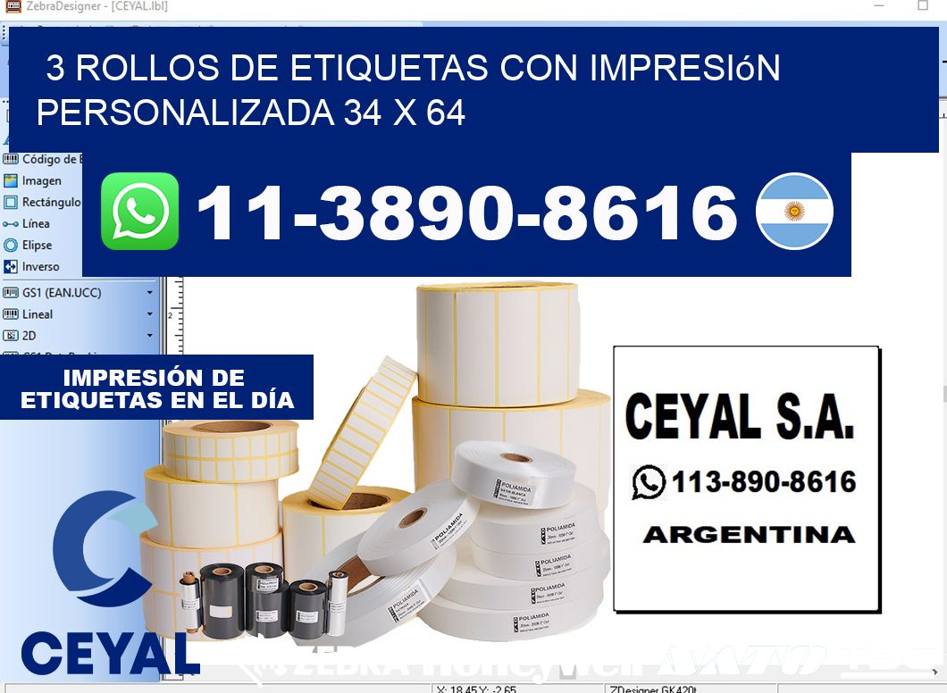 3 rollos de etiquetas con impresión personalizada 34 x 64