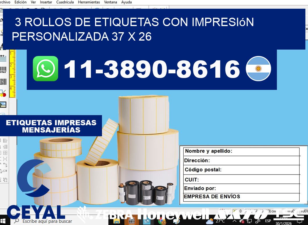3 rollos de etiquetas con impresión personalizada 37 x 26