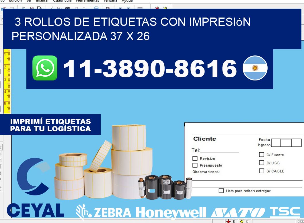 3 rollos de etiquetas con impresión personalizada 37 x 26