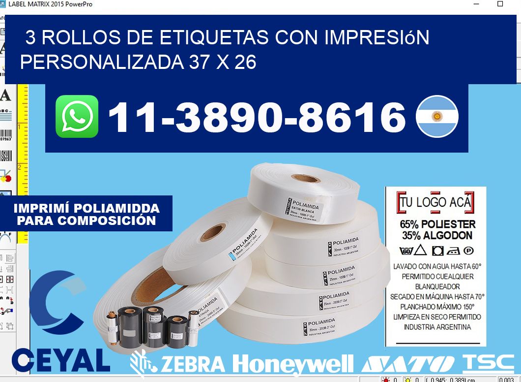 3 rollos de etiquetas con impresión personalizada 37 x 26
