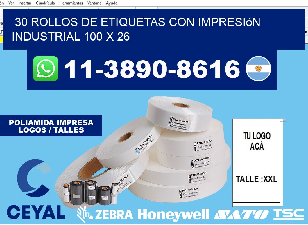 30 rollos de etiquetas con impresión industrial 100 x 26