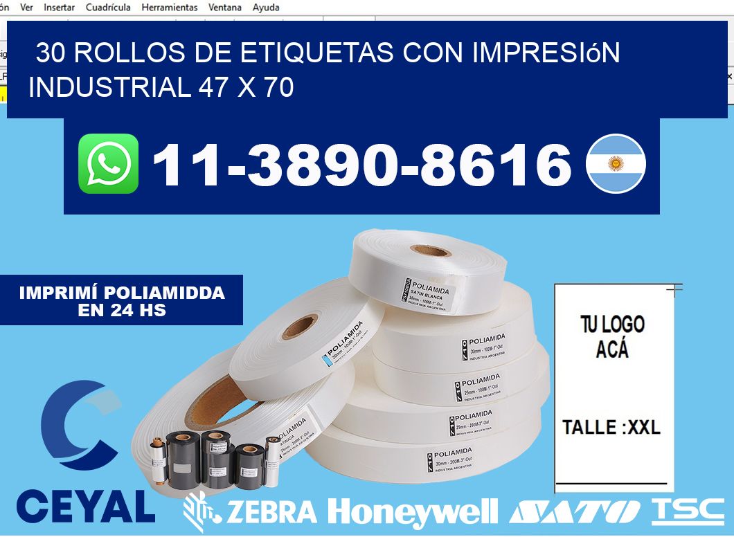 30 rollos de etiquetas con impresión industrial 47 x 70