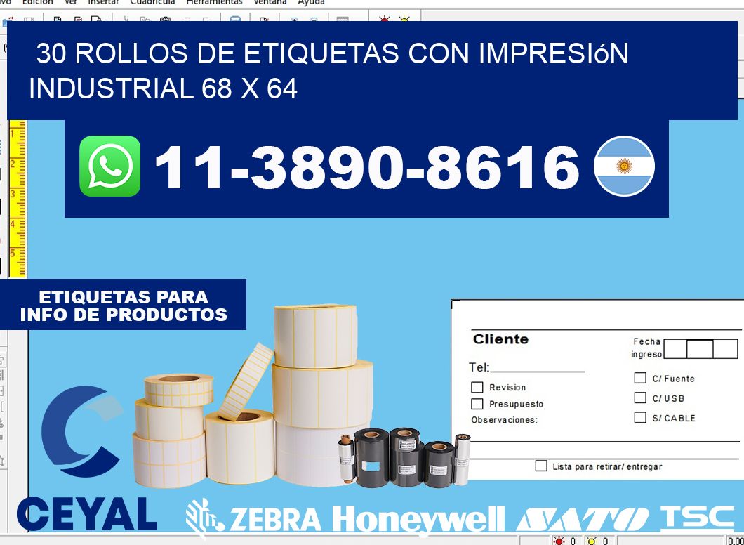 30 rollos de etiquetas con impresión industrial 68 x 64