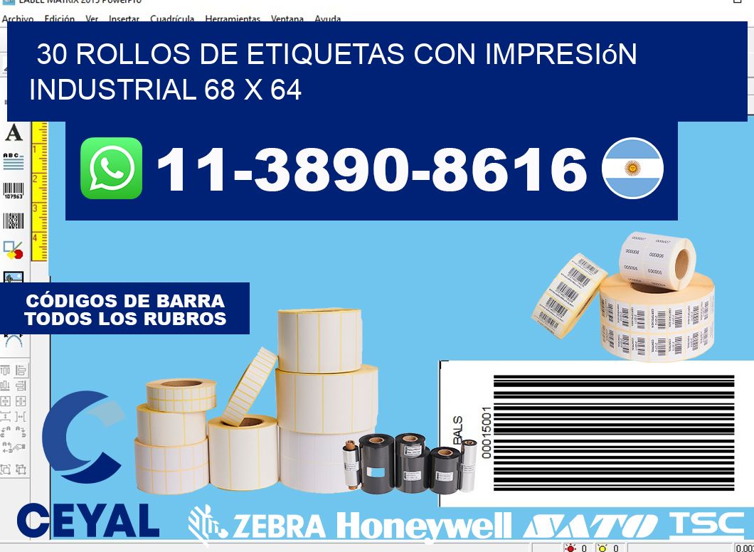 30 rollos de etiquetas con impresión industrial 68 x 64