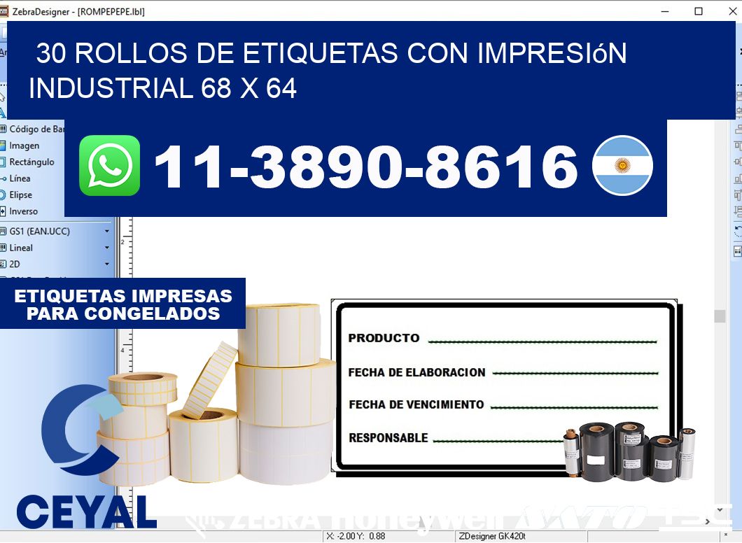 30 rollos de etiquetas con impresión industrial 68 x 64