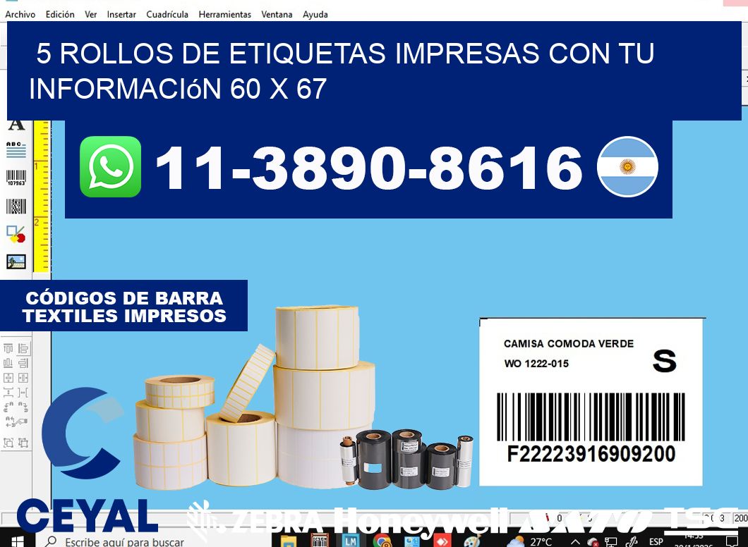 5 rollos de etiquetas impresas con tu información 60 x 67