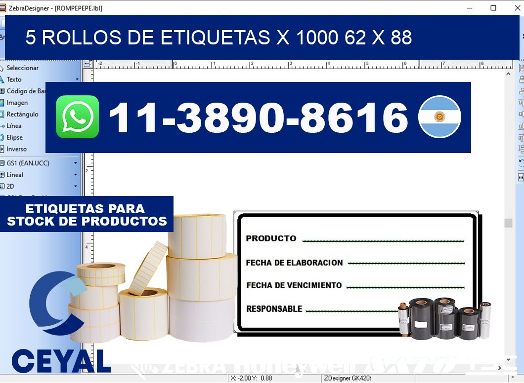 5 rollos de etiquetas x 1000 62 x 88