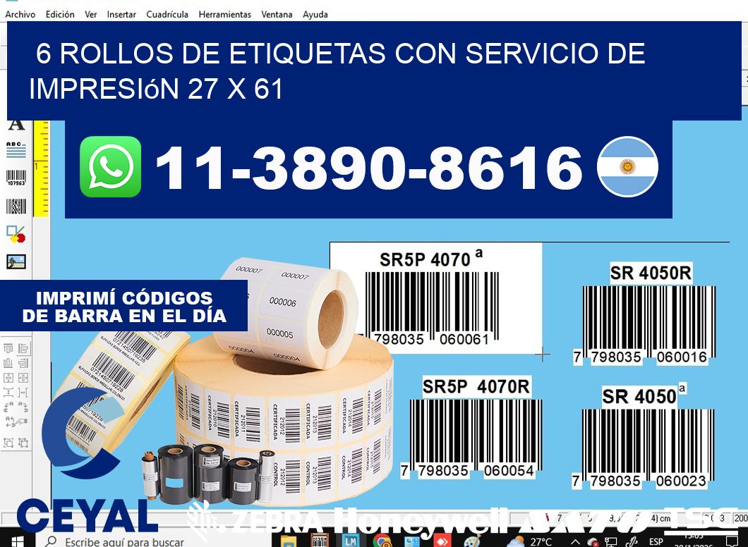 6 rollos de etiquetas con servicio de impresión 27 x 61