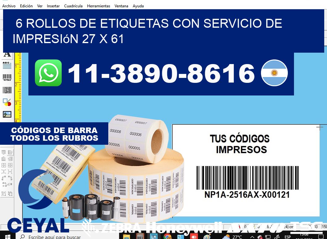 6 rollos de etiquetas con servicio de impresión 27 x 61