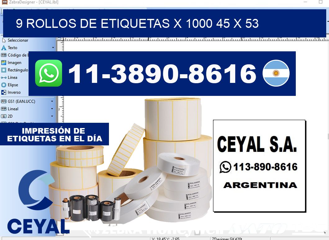 9 rollos de etiquetas x 1000 45 x 53