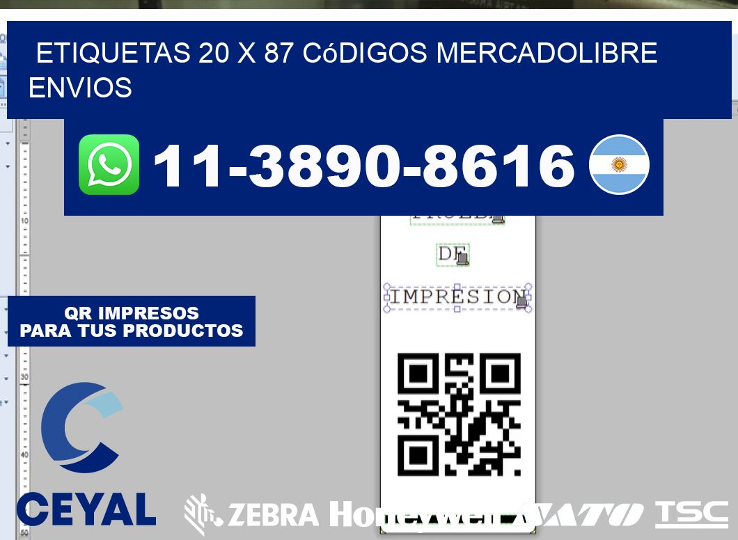 etiquetas 20 x 87 códigos mercadolibre envios